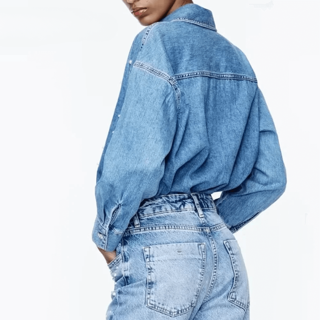 Camisa Feminina Jeans Pérolas