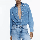 Camisa Feminina Jeans Pérolas