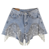 Short Feminino Jeans com Franja de Strass  Fly