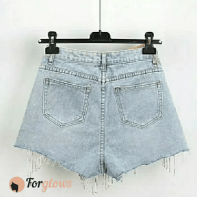 Short Feminino Jeans com Franja de Strass  Fly