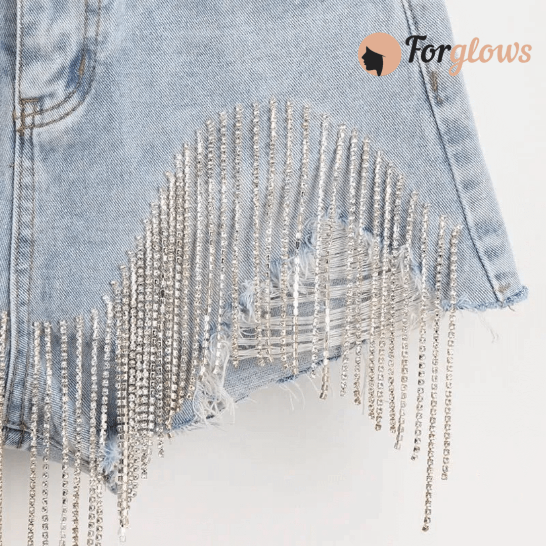 Short Feminino Jeans com Franja de Strass  Fly