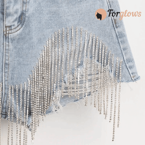 Short Feminino Jeans com Franja de Strass  Fly