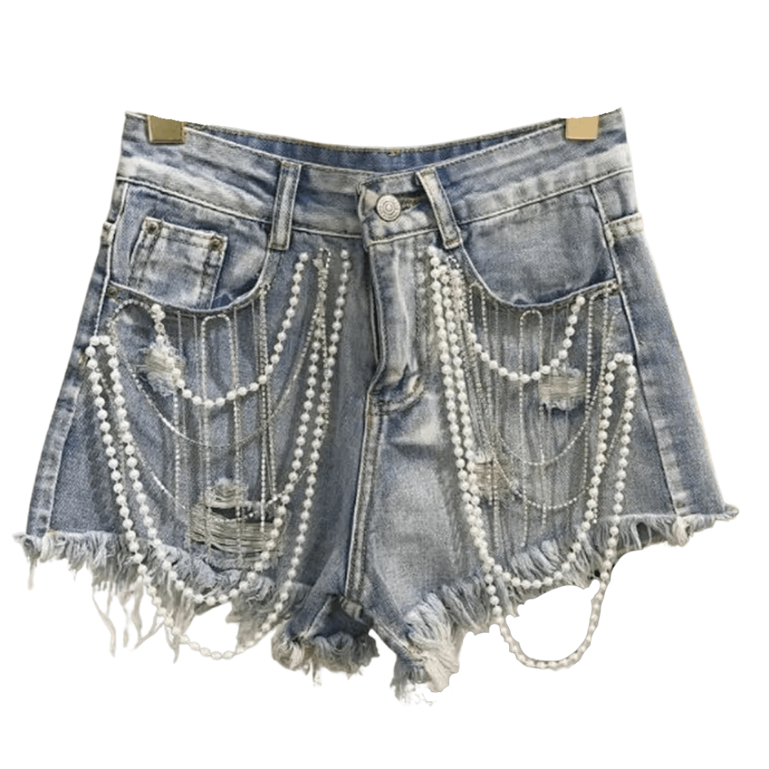 Shorts Feminino Jeans com Pérola e Strass Zoe