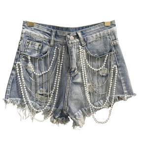 Shorts Feminino Jeans com Pérola e Strass Zoe