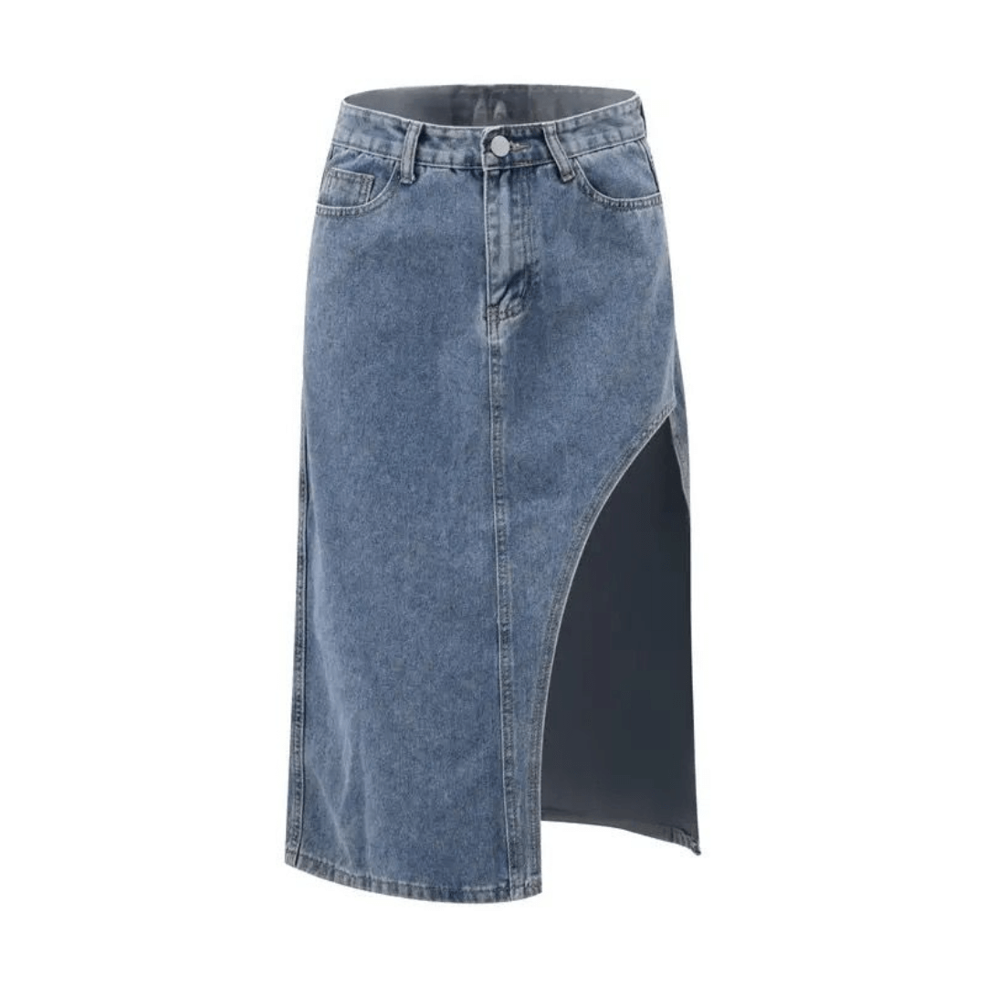 Saia Feminina Jeans Midi Assimétrica Elegant