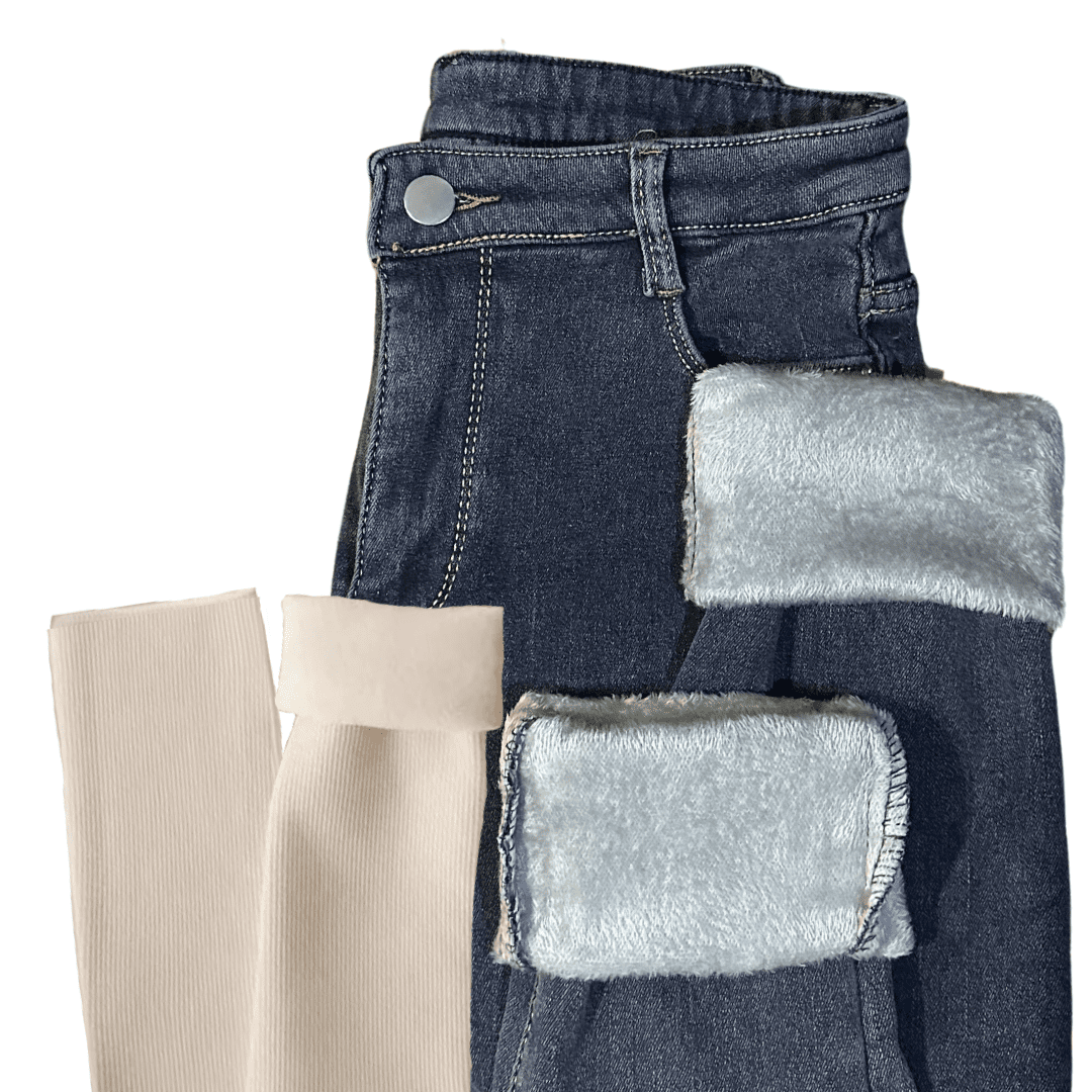 Calça Jeans Feminina com Elastano Peluciada Forglows + Meia Térmica